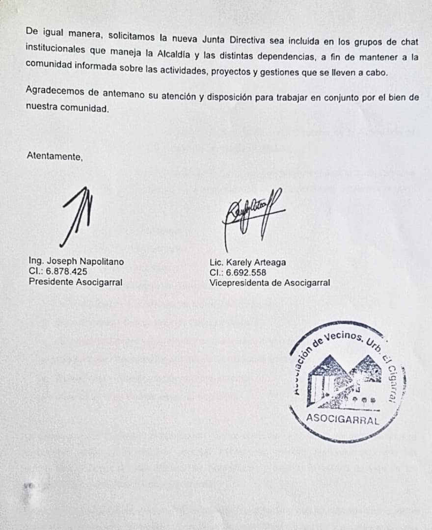 gmartin1961's tweet photo. Ayer la JD de Asocigarral 24/26 solicitó @ElHatillo reunión formal con alcalde Elías Sayegh y demás autoridades
La idea es conversar con el alcalde y diferentes directores para trabajar juntos en la solución de los problemas de la urb.
Apenas el alcalde diga la fecha se informará https://t.co/PS9kxzqxti