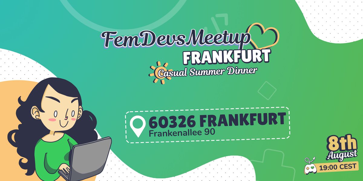 FemDevsMeetup's tweet photo. Exciting news! 🌞 Join us for a cozy Casual Summer Dinner in Frankfurt after the first day of #GermanDevDays at Rumi's, right across from Saalbau Gallus on August 8th, from 7pm onwards. 💚 Limited spots available, so grab your ticket now! https://t.co/tx3fY8ZfXs https://t.co/bLgYcUNogz