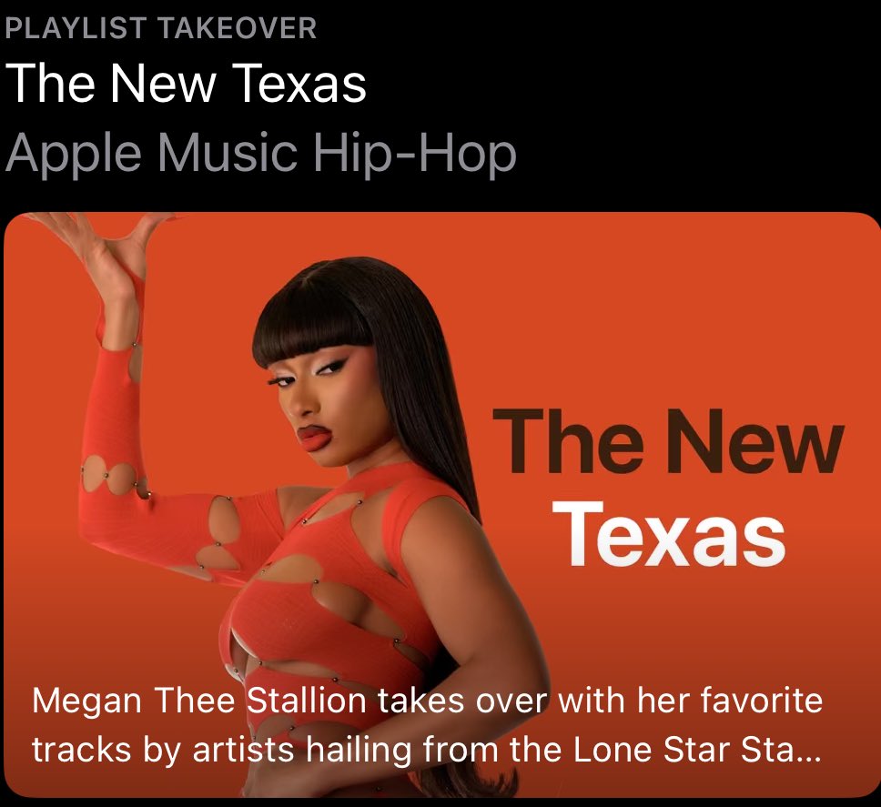 MegansStats's tweet photo. Megan Thee Stallion takes over her own Apple Music Playlist celebrating some her favorite artists from Texas!

— The playlist features Normani, Beyoncé, The Mexican OT, &amp; more! https://t.co/EnYLtNBVsu