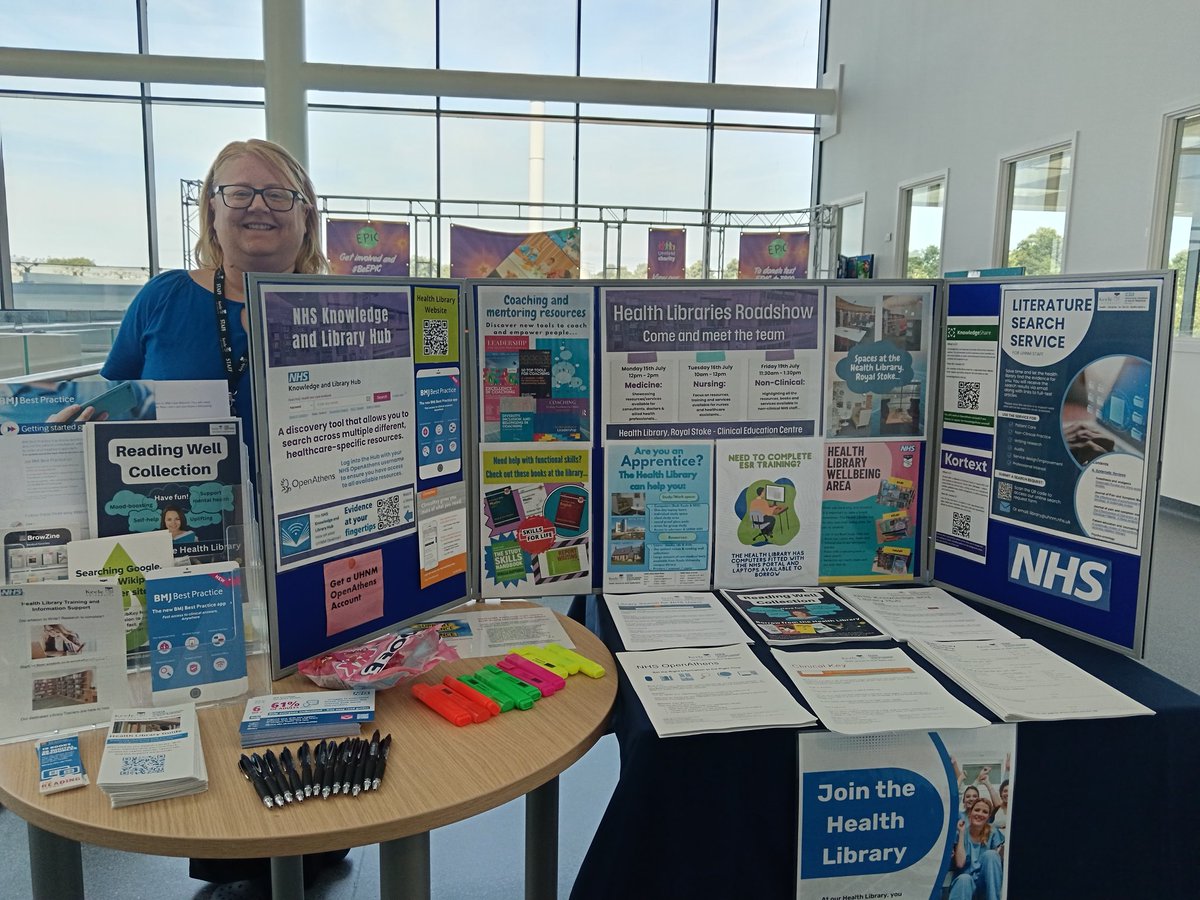 CECLibrary's tweet image. The Health Libraries Roadshow is outside the restaurant at Royal Stoke again this morning. Come and say hi and find out how the library can help you! Here until 1:30pm #UHNM #HealthLibrary