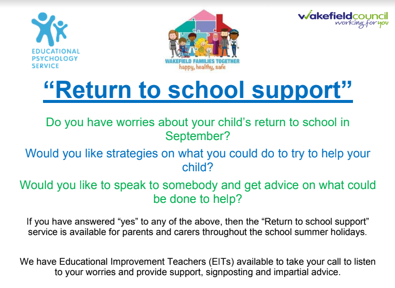 OutwoodFreeston's tweet photo. If you or your child is worried about returning to school in September, @MyWakefield and the EPS have a dedicated helpline and EITs available to assist 📲

Further details are shown on the flyers below! 👇

#MentalHealthMatters #SeptemberReturn https://t.co/jORoBmw1YH