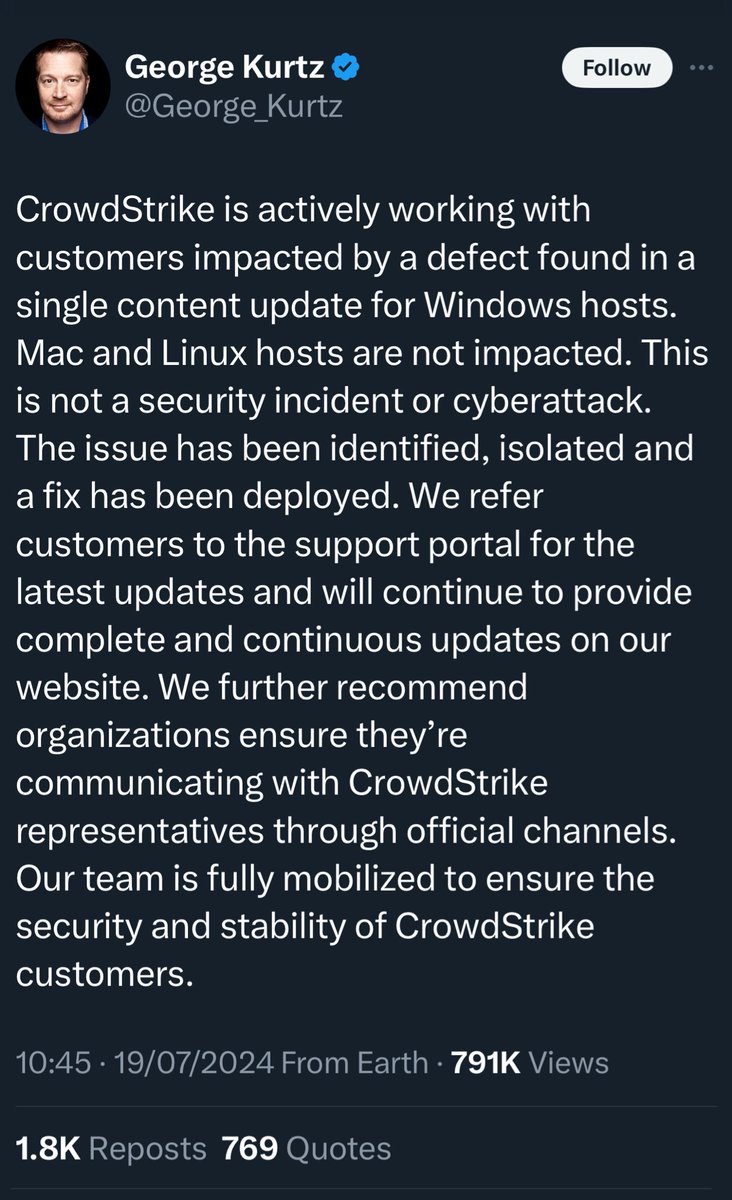 modaly_it's tweet photo. So the CEO of #CrowdStrike provides this response with no apology to customers and IT technicians all around the world trying to remediate the mess they created. In the time being Microsoft continues to get bad press in the media for an issue not of their own creation. #EpicFail https://t.co/7Yp0DvpLUA