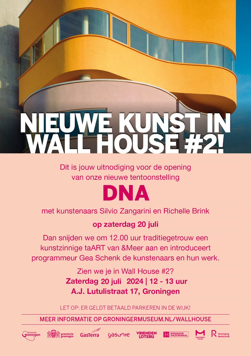 Zien we je in Wall House #2?
Zaterdag 20 juli  |  12 - 13 uur
Opening van onze nieuwe tentoonstelling DNA met kunstenaars Silvio Zangarini en Richelle Brink