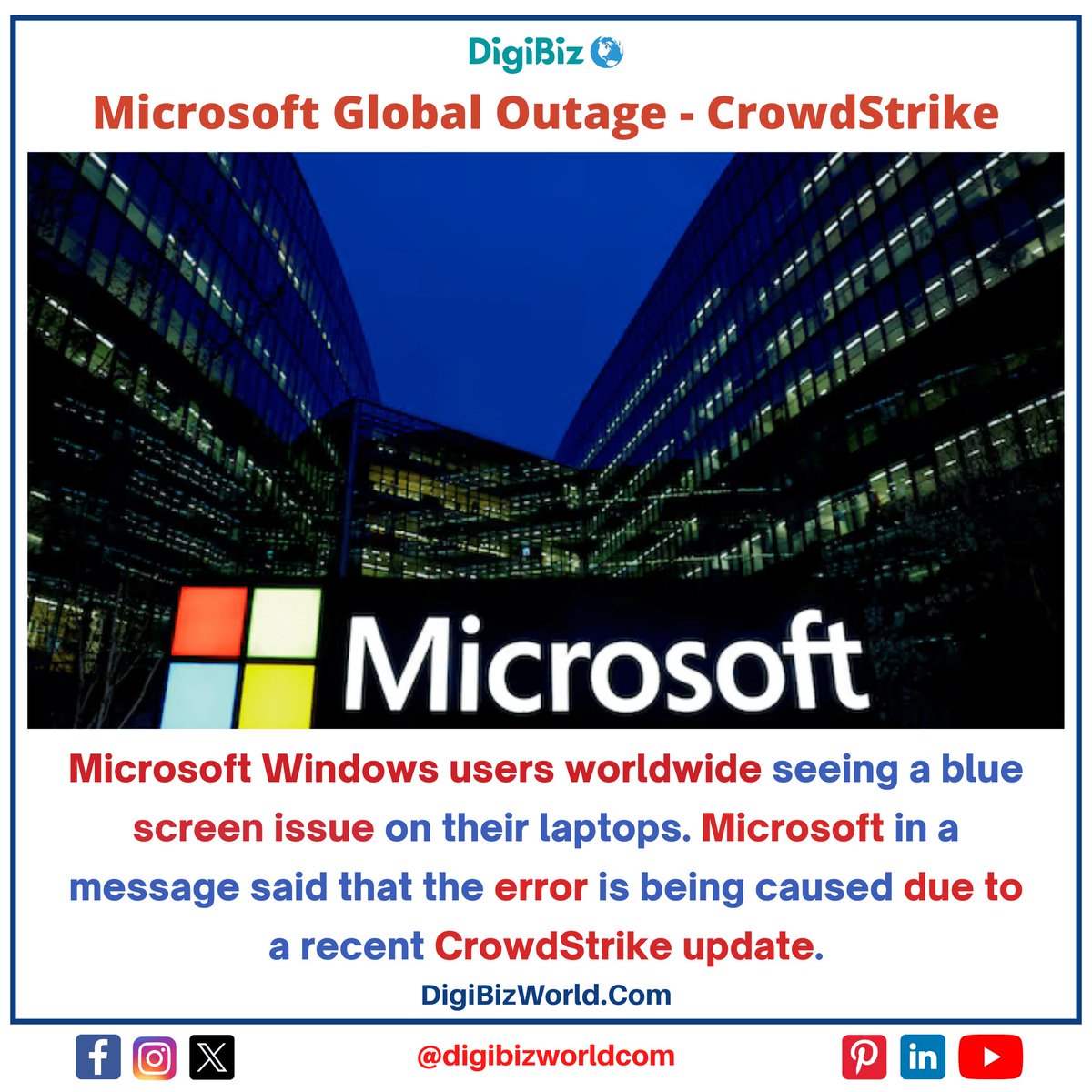 DigiBizWorldCom's tweet photo. #Windows users across globle are experiencing the Blue Screen of Death (#BSOD) error. 
#Microsoft said it's outage started with a subset of its customers experiencing issues with multiple Azure services, impacting various Microsoft 365 apps and services. 
. 
. 
#CyberSecurity https://t.co/Nti4WAG5Bt