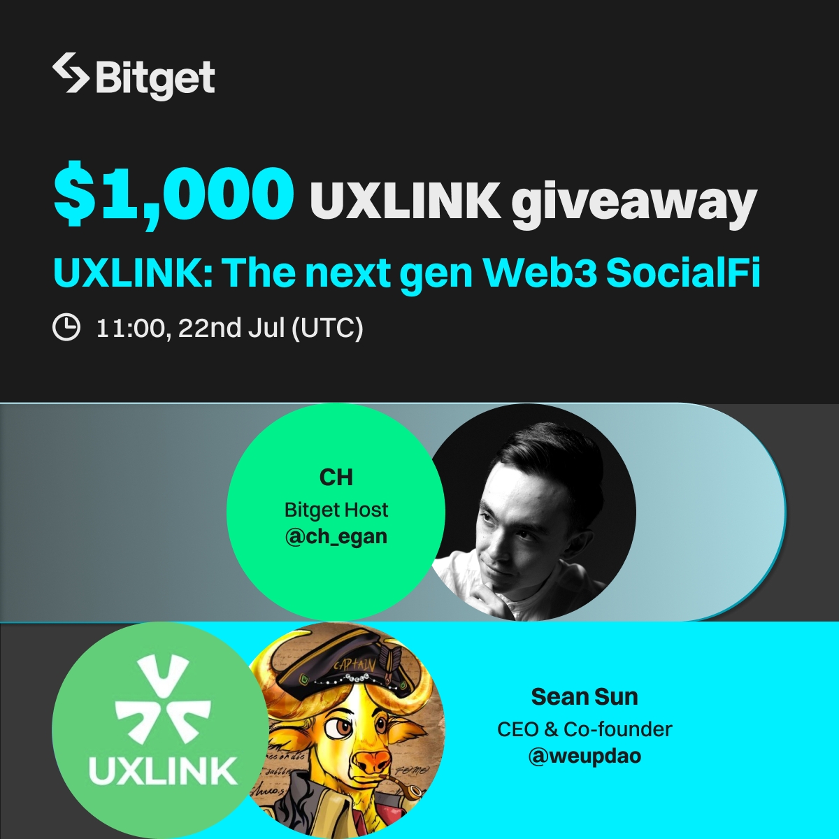 bitget's tweet photo. Join our upcoming X Space with @weupdao, co-founder &amp; CEO @UXLINKofficial, to explore the next gen #Web3 SocialFi!

🎁 $1,000 in $UXLINK (20 winners) 
🔹 Follow @bitgetglobal @UXLINKofficial 
🔹 RT &amp; tag friends 
🔹 Set a reminder and join: https://t.co/4JKU2DwaTz https://t.co/DnPSRFnNzp