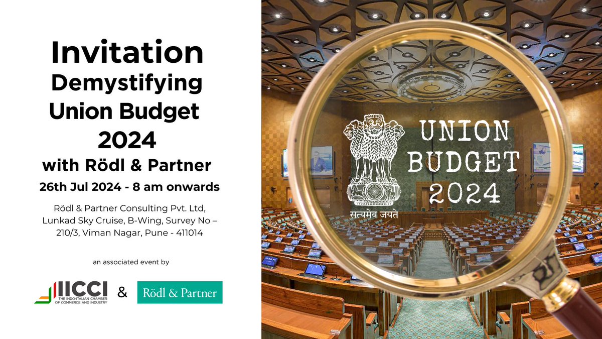 IndiaItaly's tweet photo. @IndiaItaly and Roedl &amp; Partners invite you to ‘Demystify Union Budget 2024 with Rödl &amp; Partner’ on July 26th, 2024, at 8:00 AM in Pune.

📊 Demystify Union Budget 2024, gain strategic insights, and network with industry leaders.

To Register: https://t.co/HKKH1zUTow https://t.co/BJmoY42ZW7