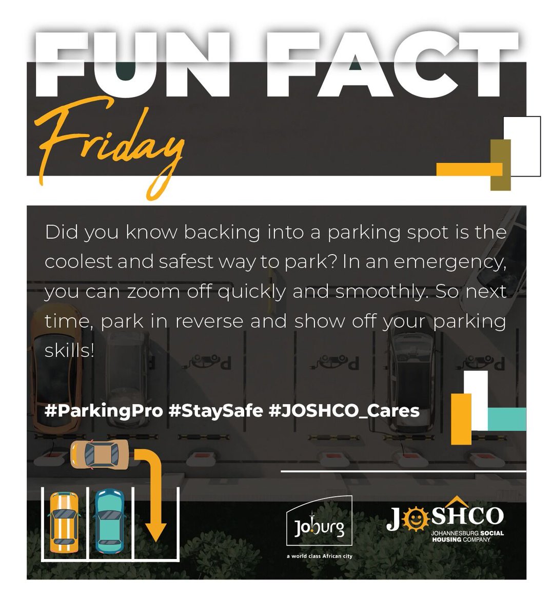 myjoshco's tweet photo. Did you know that reversing into a parking spot is the coolest and safest way to park? In an emergency, you can quickly and smoothly drive away. So next time, park in reverse and show off your parking skills! 😎 #StaySafe #JOSHCO_Cares https://t.co/TiCLPPxEqA