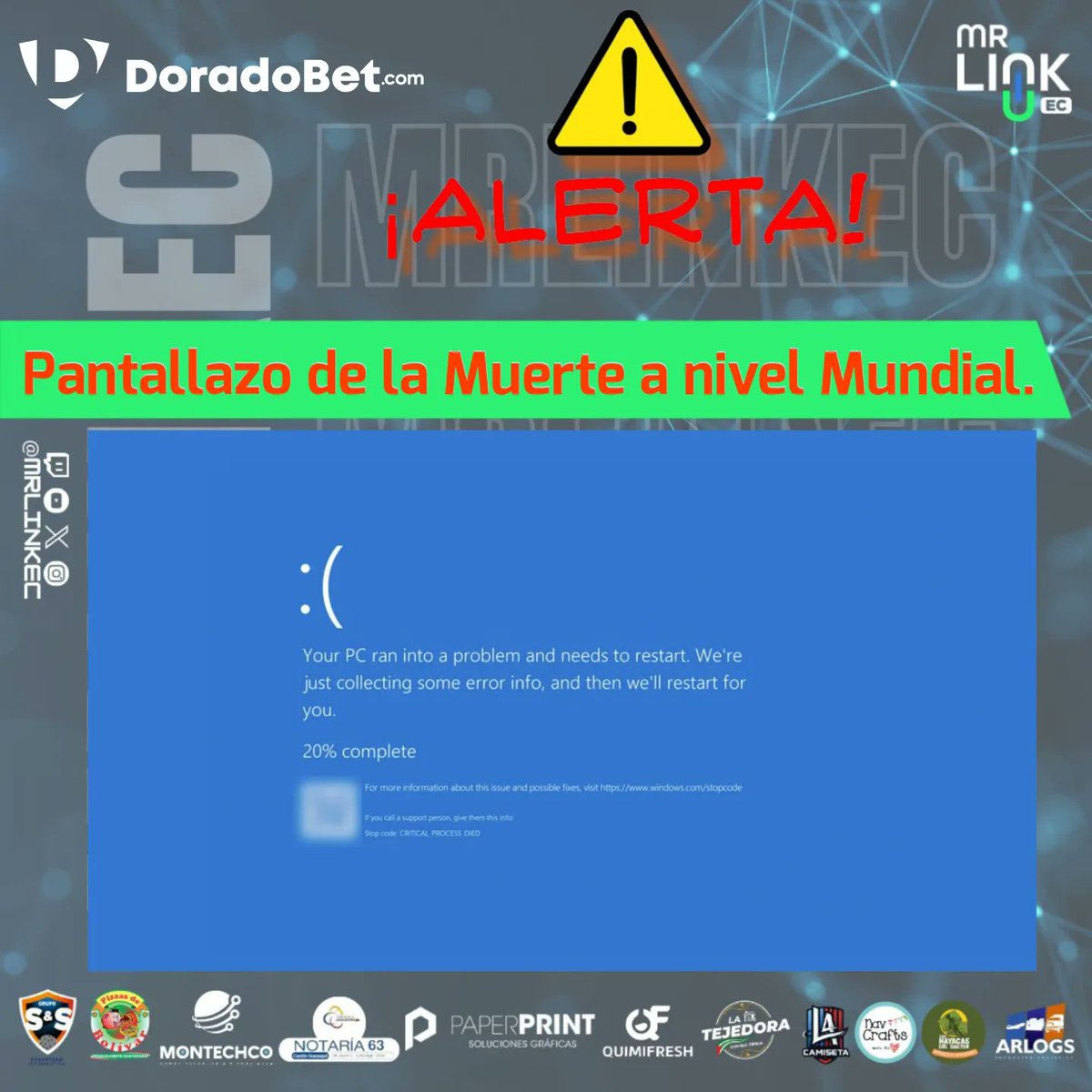 MrLinkEc's tweet photo. ¡🚨🔵 "Pantalla azul de la muerte"! Un apagón informático a nivel mundial afecta a bancos, aeropuertos y más 🔵🚨

🌐 Servicios tecnológicos, incluidos los de Microsoft, enfrentaron problemas globales debido a un fallo en la empresa de ciberseguridad CrowdStrike.

🏦✈️ Afectados: bancos, trenes y aerolíneas en EE.UU., España y otros países. Usuarios sin acceso a Microsoft 365 y computación en la nube.

🗺️ Alerta desde Australia se extendió a Europa, EE.UU. y Asia.

🔧 Microsoft y CrowdStrike trabajan en soluciones. Microsoft informa mejoras continuas y CrowdStrike asegura que ha identificado y resuelto el problema.

🟦 ¿Pantalla azul? ¡Sigue estos pasos! 🟦

✅Arranca Windows en Modo Seguro
✅Encuentra la carpeta de CrowdStrike
✅Borra el archivo C-00000291*.sys
✅Reinicia tu ordenador.

Para más información, visita el centro de administración de Microsoft.