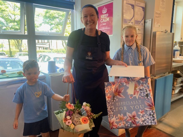 SMagdalens's tweet photo. Today we said a fond farewell to Mrs Garrett who has served our school well for so many years now. We will miss her chats every lunchtime and how well she looks after every child. Thank you for being so kind to us! https://t.co/yYLYe1U1Cg