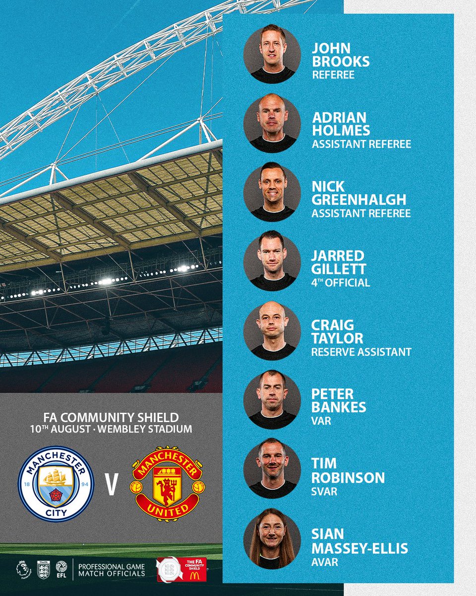 prorefofficial's tweet photo. The match officials for the 2024 FA Community Shield 🏆 https://t.co/ofv0Id6vt9
