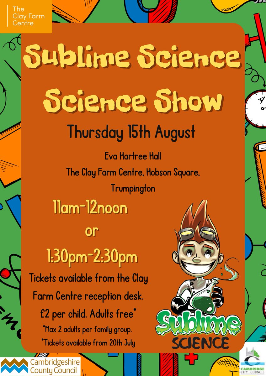 Clay Farm Centre (@clayfarmcentre) on Twitter photo Tickets for our <a href="/sublimescience/">Sublime Science</a> Science Shows are available from tomorrow, Saturday 20 July.
Join us on Thursday 15 August at 11am or 1:30pm and experience the wonder of science! Tickets cost £2 per child.
Learn more about Sublime Science: sublimescience.com Tickets for our <a href="/sublimescience/">Sublime Science</a> Science Shows are available from tomorrow, Saturday 20 July.
Join us on Thursday 15 August at 11am or 1:30pm and experience the wonder of science! Tickets cost £2 per child.
Learn more about Sublime Science: sublimescience.com