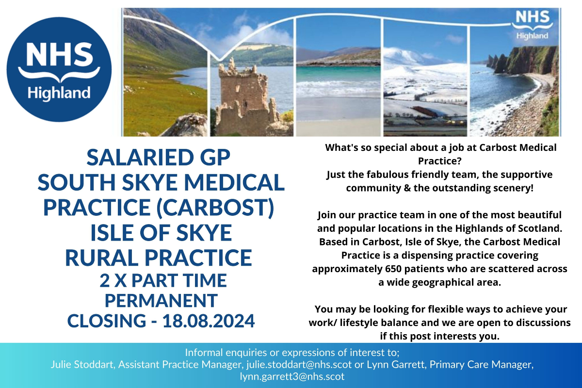 NHSHJobs's tweet photo. We are recruiting for Salaried GPs based in South Skye Medical Practices (Carbost).  These posts are part time and permanent.

For more information and to apply: https://t.co/hP1m4I1aWr

#nhscareers  #nhsjobs https://t.co/BCoWW3KTNg
