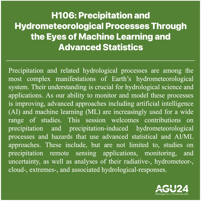 ShrutiUpad20's tweet photo. Working on exploring #AI/ #ML for #precipitation and other #hydrometeorological processes? Consider submitting an abstract to our AGU session. #AGU24
https://t.co/CzWiTlAl0k https://t.co/JeACjw9I7I