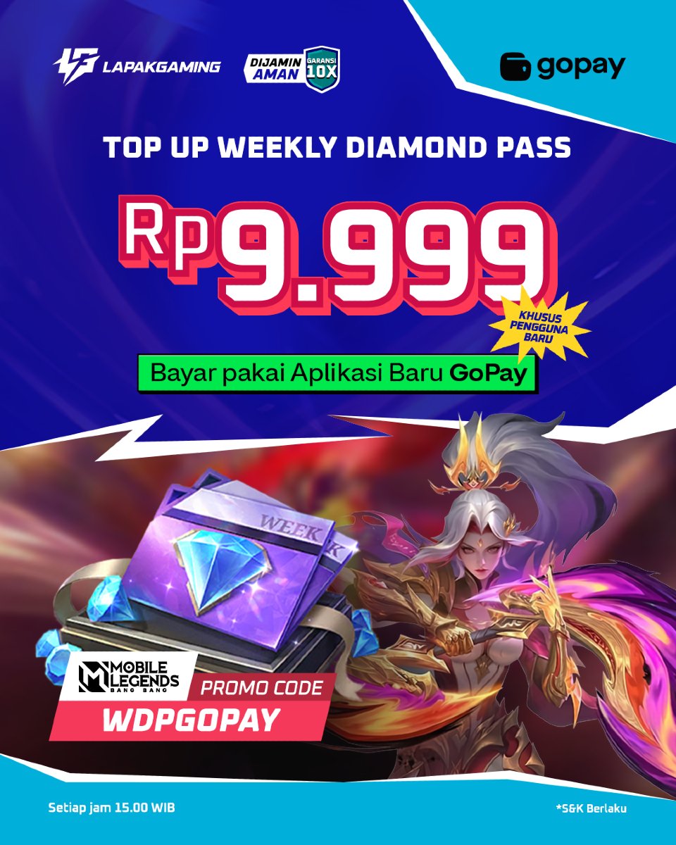Lapakgaming_id's tweet photo. Udah weekend, saatnya WDP 9,999 dateng lagi!!
Siap-siap masukin kode promo WDPGOPAY di tanggal 21 & 22 Juli 2024, tiap jam 15.00!
Berlaku untuk pengguna baru Lapakgaming ya, jangan sampe keabisan ya Eljiers ๐ฅ๐ฅ
#gopaypromo #lapakgamingpromoย #mlbbindonesia https://t.co/xUkRWK2ONQ