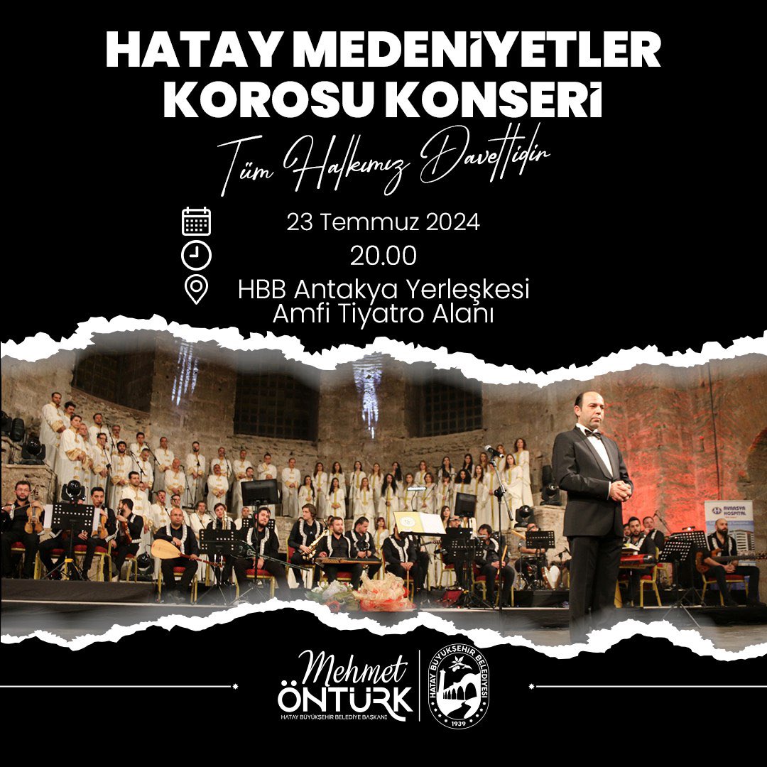 HatayBSB's tweet photo. 🎶 Hatay'ımızın ana vatana katılışının 85. yıl dönümünde gerçekleşecek olan ve asırlık kültürel mirasımızı yansıtan Hatay Medeniyet Korosu konserine tüm halkımız davetlidir. 

📅 23 Temmuz 2024
⏰ 20:00
🏟 HBB Antakya Yerleşkesi Amfi Tiyatro https://t.co/3qNYp4BI6h