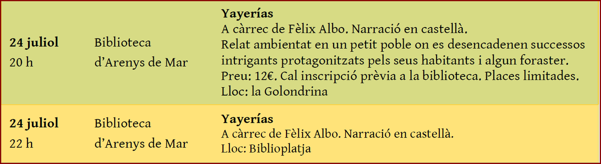 BibliosMaresme's tweet photo. Demà dimecres dins del #FestivalMultipolar pots gaudir de "Yayerías" Relat ambientat en un petit poble on es desencadenen successos intrigants. Preu: 12€ Cal inscripció prèvia. @BiblioArenysMar #BibliosMaresme 📆 Dimecres 24 de juliol a les 20h i 22h 🔗https://t.co/AEbBm32RwU https://t.co/s3MQ28D401