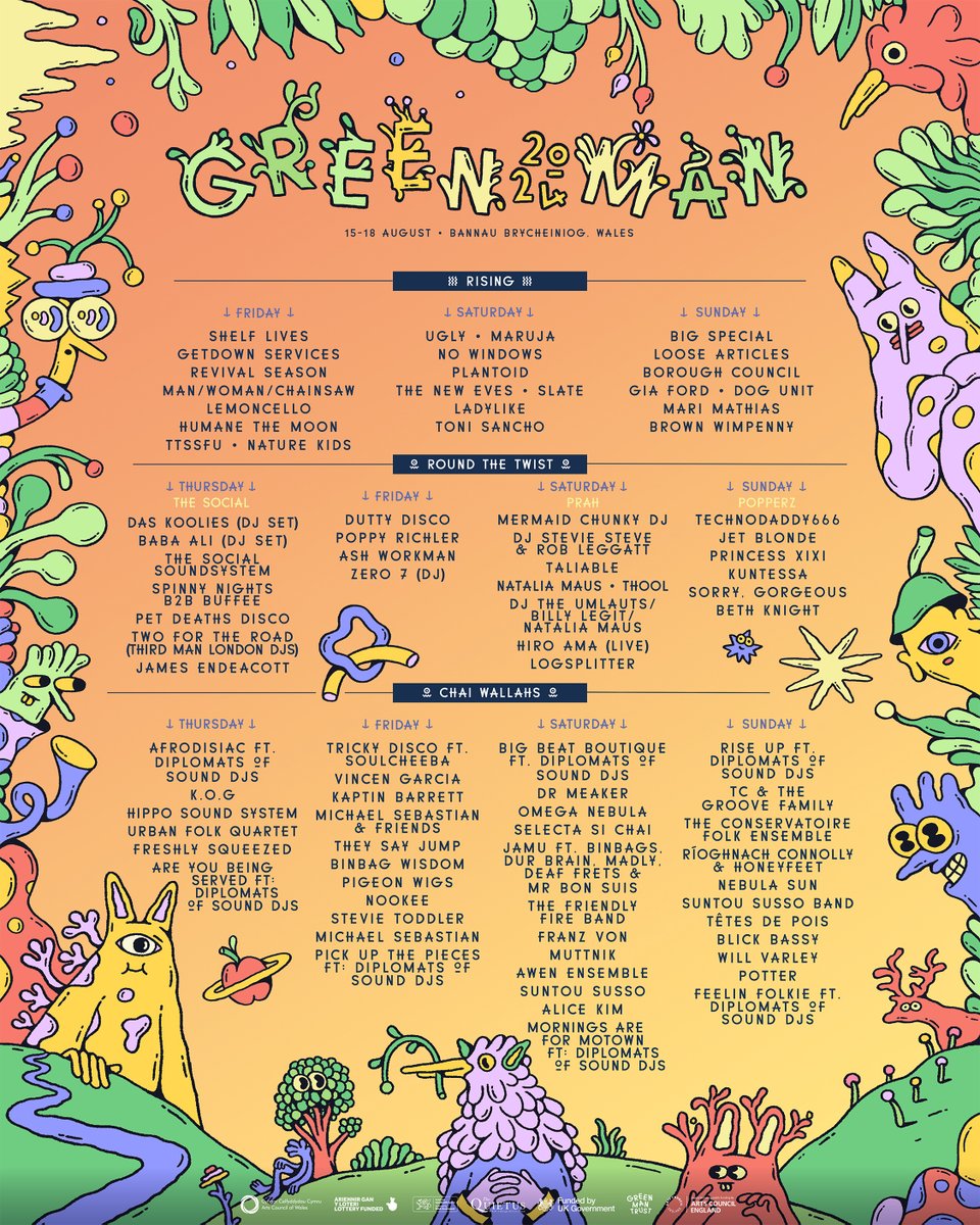 GreenManFest's tweet photo. Here’s to enlivening times that lay ahead, with another fresh batch of names for GM24! 🚀

Gnarly in all the right ways, we’re overjoyed to welcome rip-roaring rockers @TheMysterines to the class of GM24, as well as South London trio @pva_are_ok, who will keep the energy flowing with a late night DJ set. Plus, gear up for a glorious weekend of new talent via musical treats from our GM Rising finalists. Winners @orchestrafornow will stir the Mountain Stage into life on Friday, while @ttssfu, Nature Kids, Ladylike and @MariMathias14 will also be joining us in the mountains.

Expect late night thrills aplenty at Round The Twist, with takeovers from @thesocial and @PRAHRecordings featuring DJ sets from the wondrous @zero7official, @babaalimusic, @_DEADLETTER's Poppy Richler and experimentalist outfit Mermaid Chunky, among others.

Grab a highlighter and start studying those itineraries. How are your ‘must-see’ lists looking?