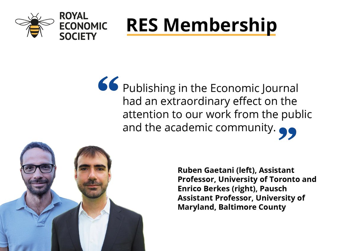 RoyalEconSoc's tweet image. The #RESmembers are vital to the #RESStrategy &amp;amp; our future, which is why we provide quality benefits that will aid our members. Read what our members @ruben_gaetani &amp;amp; @enrico_berkes have to say about publishing in @EJ_RES!

👉bit.ly/4e0kgvH

#RESMembership #EconTwitter