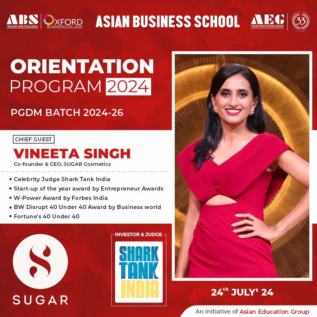 abs_noida's tweet photo. Here’s to the cheerful and enterprising beginning of our PGDM batch 2024-26. #ABS is proud &amp; elated to announce Ms. Vineeta Singh; Co-Founder &amp; CEO, SUGAR Cosmetics as our chief guest for the #Orientation Ceremony of PGDM Batch 2024-26! 
 #asianbusinessschool #PGDM #MBA https://t.co/sJcCzNonQP