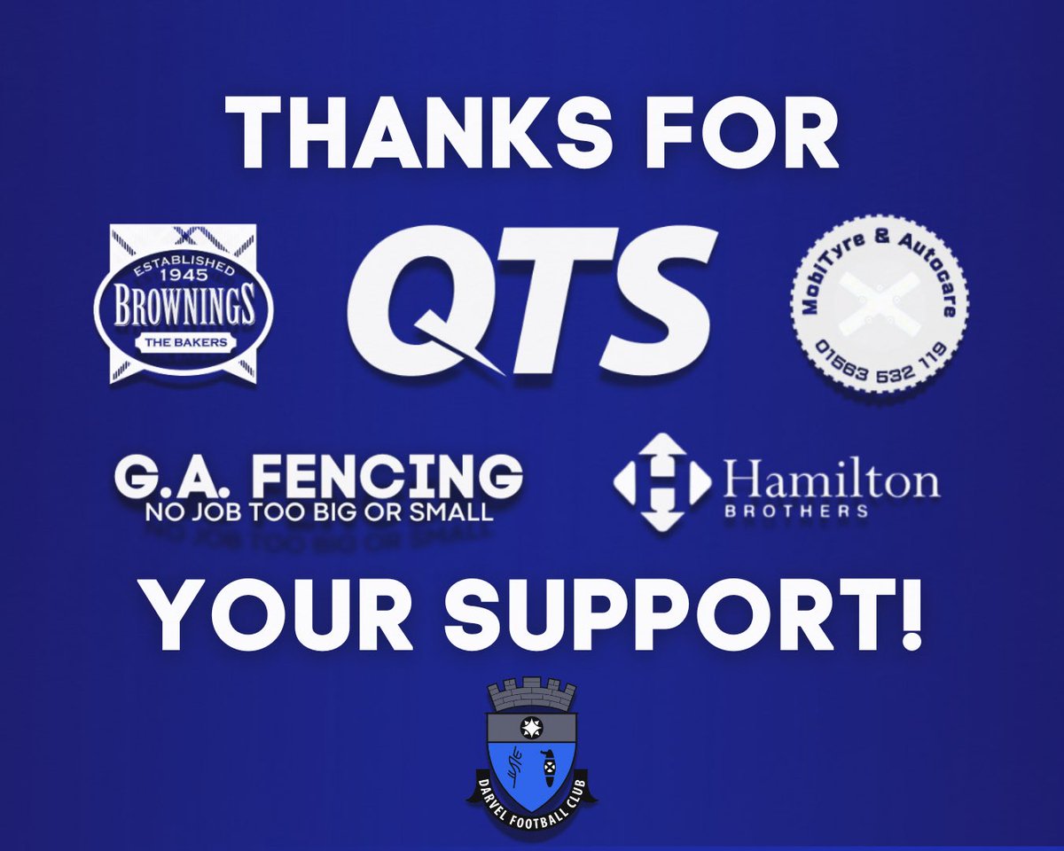 🤝 | Darvel Football Club appreciates all of our Sponsors at all of our various offering levels, however we would like to say a special thank you to some of our key sponsors.

Food &amp; Drink Sponsor - <a href="/BrowningsBakers/">BrowningsTheBakers</a> 
Main Sponsors, Away End &amp; Main Stand Sponsors - <a href="/officialQTS/">Official QTS Group</a>