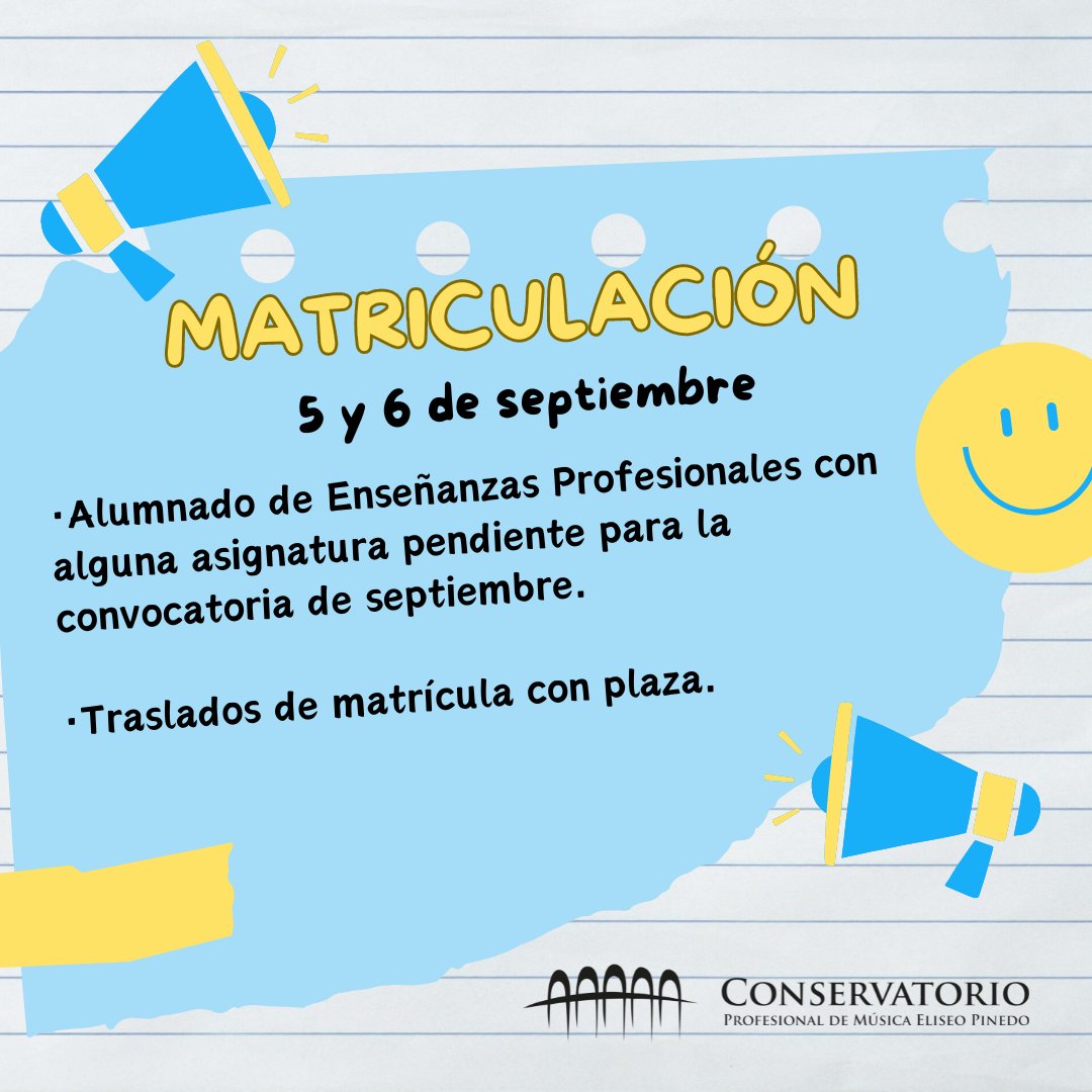 ConserPinedo's tweet photo. Matriculas de septiembre
¡Ya tenemos fechas para las matriculaciones de septiembre! El sobre de matrícula se facilitará en la Secretaría del Centro en los plazos señalados para cada matrícula. Horario de Secretaría: de 9:00 a 14:00 horas.
@lariojaorg , @educarioja https://t.co/APu3cDto1i
