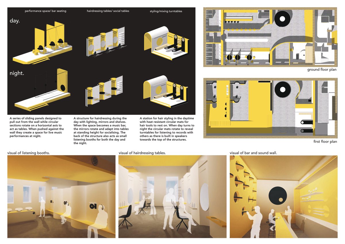 InteriorsDJCAD's tweet photo. The word ‘turntablism' acts as a catalyst. Drawing upon terminology such as mixing, cutting, and turning, the interior encourages a collaboration of function and radical design. The revolving motion of a turntable supports the idea of a space which never shuts.

Well done Elissa! https://t.co/Kl3Atit4zQ