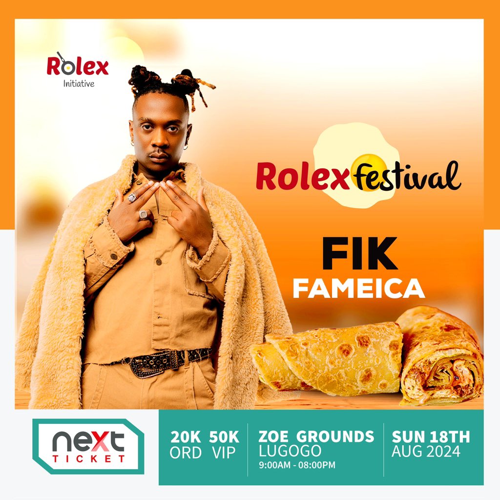 BigEyeUG's tweet photo. Guess who will be at the next Rolex Festival edition, Fik Fameica is partying with us on the day. 

🗓️18th -08-24 
📍Zoe Grounds Lugogo 
#RolexFestival24
#AD https://t.co/qMRUg1wcLn
