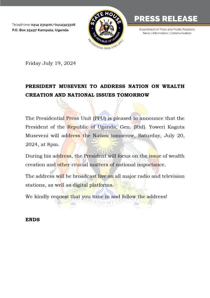 88Kiira's tweet photo. The president is to address the Nation tomorrow at 8pm https://t.co/wJ6V304UpO