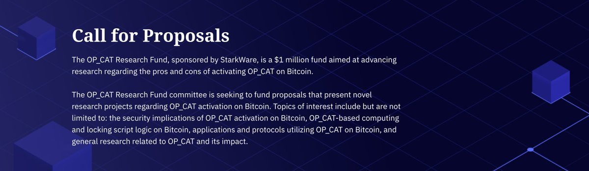 StarkWareLtd's tweet photo. It's time to accelerate OP_CAT research! 🐺🐱

We are thrilled to announce the launch of our $1M OP_CAT Research Fund!

Whether you're a cat maximalist or allergic, this fund is the purrrfect opportunity to finance all your research aimed at exploring the benefits and drawbacks of activating OP_CAT on Bitcoin 🧑‍🔬

Meet the committee overseeing this program:
🧑‍🎓 Andrew Poelstra, Director of Research at @Blockstream's
🧑‍🎓 Victor Kolobov, Product Manager & Blockchain Researcher at StarkWare, @VIKolobov
🧑‍🎓 Avihu Levy, Chief Product Officer at StarkWare, @avihu28
🧑‍🎓 Clara Shinkleman, Head of Research at ChainCode Labs
🧑‍🎓 Ethan Heilman, CTO and Co-founder of BastionZero, @Ethan_Heilman
🧑‍🎓 Louis Guthmann, Head of Product & Market Strategy at StarkWare, @GuthL
🧑‍🎓 Olaoluwa Osuntokun, CTO at @lightning Labs, @roasbeef
🧑‍🎓 Robin Linus, Creator of BitVM and @ZeroSync_, @robin_linus
🧑‍🎓 Tadge Dryja, Co-inventor of the Lightning Network and former CTO at Lightning Labs, @tdryja 

📅 The submission deadline for research proposals is January 1st, 2025.

Learn more about this program and how to apply below 👇
https://t.co/uBhTQ36p11
