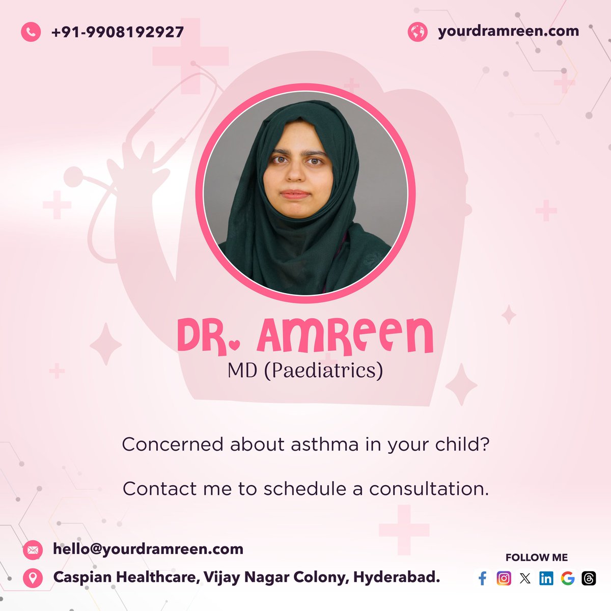 YourDrAmreen's tweet photo. Want to take control of your child’s asthma?

📞 Call +91-9908192927 to schedule a consultation with me at @CaspianHealth for creating a personalized asthma management plan.

#ChildhoodAsthma #AsthmaAwareness #DrAmreen #CaspianHealthcare #AsthmaCare #YourDrAmreen #Hyderabad https://t.co/KLeFfi8WDN