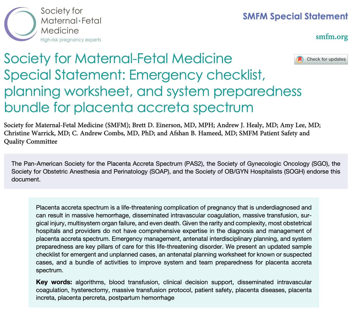 AJOG_thegray's tweet photo. Society for Maternal-Fetal Medicine Special Statement: Emergency checklist, planning worksheet, and system preparedness bundle for placenta accreta spectrum https://t.co/RxQ4YcapDG https://t.co/x7ReB0QxzG