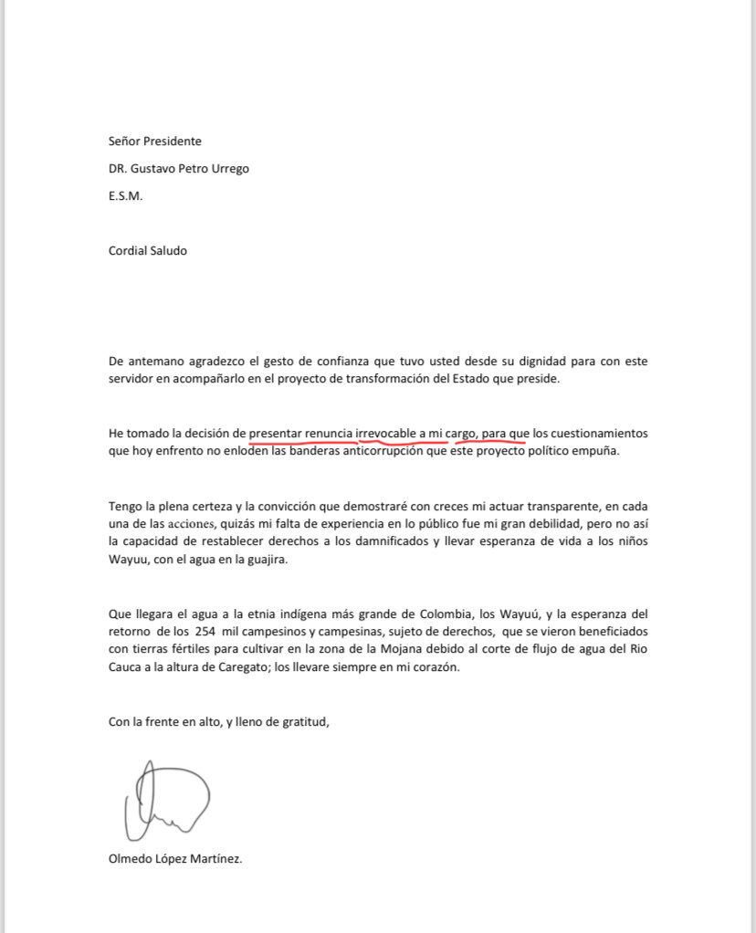 MariaFdaCabal's tweet photo. Petro usted no se cansa de mentir. Recuerde que fue Olmedo López el que renunció como consta en esta carta. 

Usted aceptó la renuncia luego de la defensa que había hecho de él. https://t.co/Bfwmgrz0eR