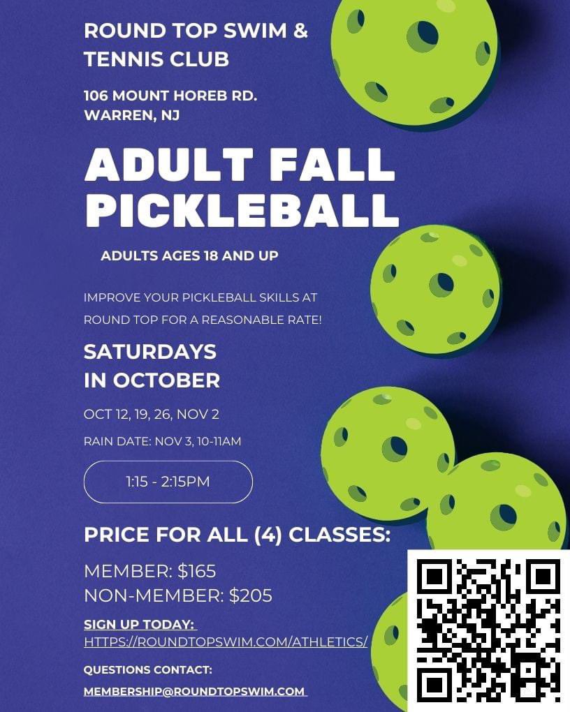 RoundTopSwim's tweet photo. Join Round Top’s Fall Racquet Sports Programs Today!
Kid’s Tennis Pre-Team &amp; Adult Pickleball Lessons!
September &amp; October Lesson Availability
106 Mount Horeb Road, Warren
Join Today!
https://t.co/JcL3Bmjm4V https://t.co/HsOuzCnItD