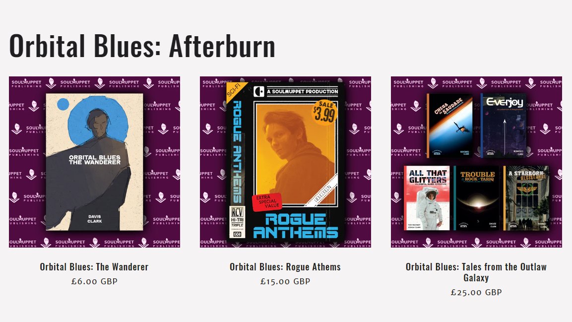 soulmuppetRPG's tweet photo. 📣NEW IN STORE!!
Some of the PDFs from Orbital Blues: Afterburn are ready so we've put them on the store!👇

The Wanderer - solo rules using cards &amp; poker chips
Rogue Anthems - short pamphlet one-shots by a variety of creators
Tales from the Outlaw Galaxy - a bundle of adventures https://t.co/z9yGEPZxjr