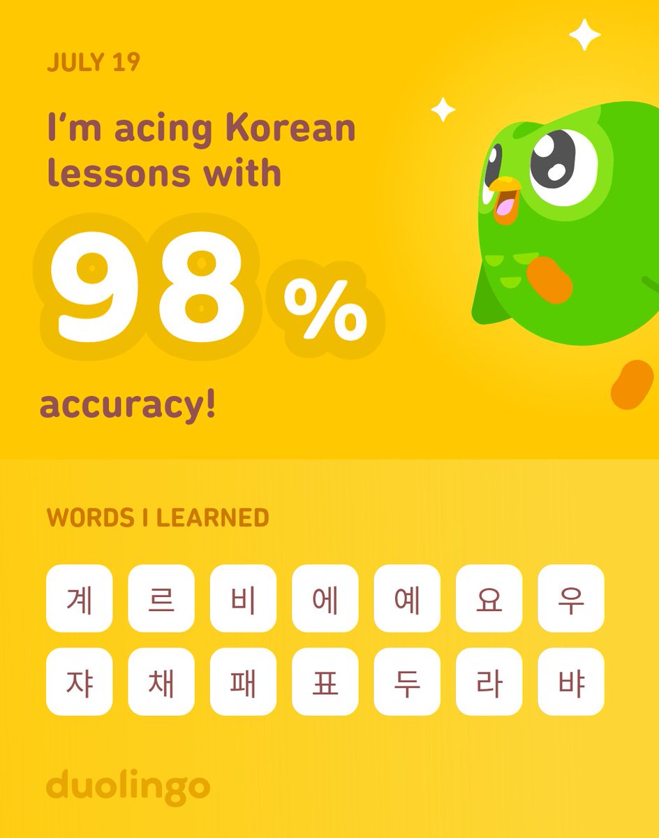 Omicron_97's tweet photo. I’m learning Korean on Duolingo! It’s free, fun, and effective. https://t.co/YUXxpr9vyq