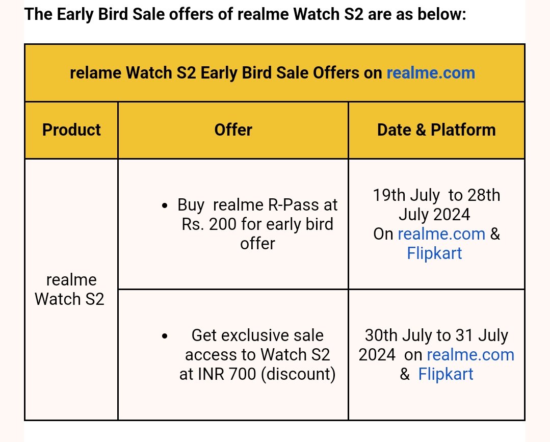 Atulbazaar's tweet photo. realme announces ‘Early Bird offer’ for realme Watch S2 on 19th July on https://t.co/MKx1tQzMRB & Flipkart 🙌
#realmeWatchS2
#WearYourAI #WatchS2 https://t.co/cUQl0wLnPR