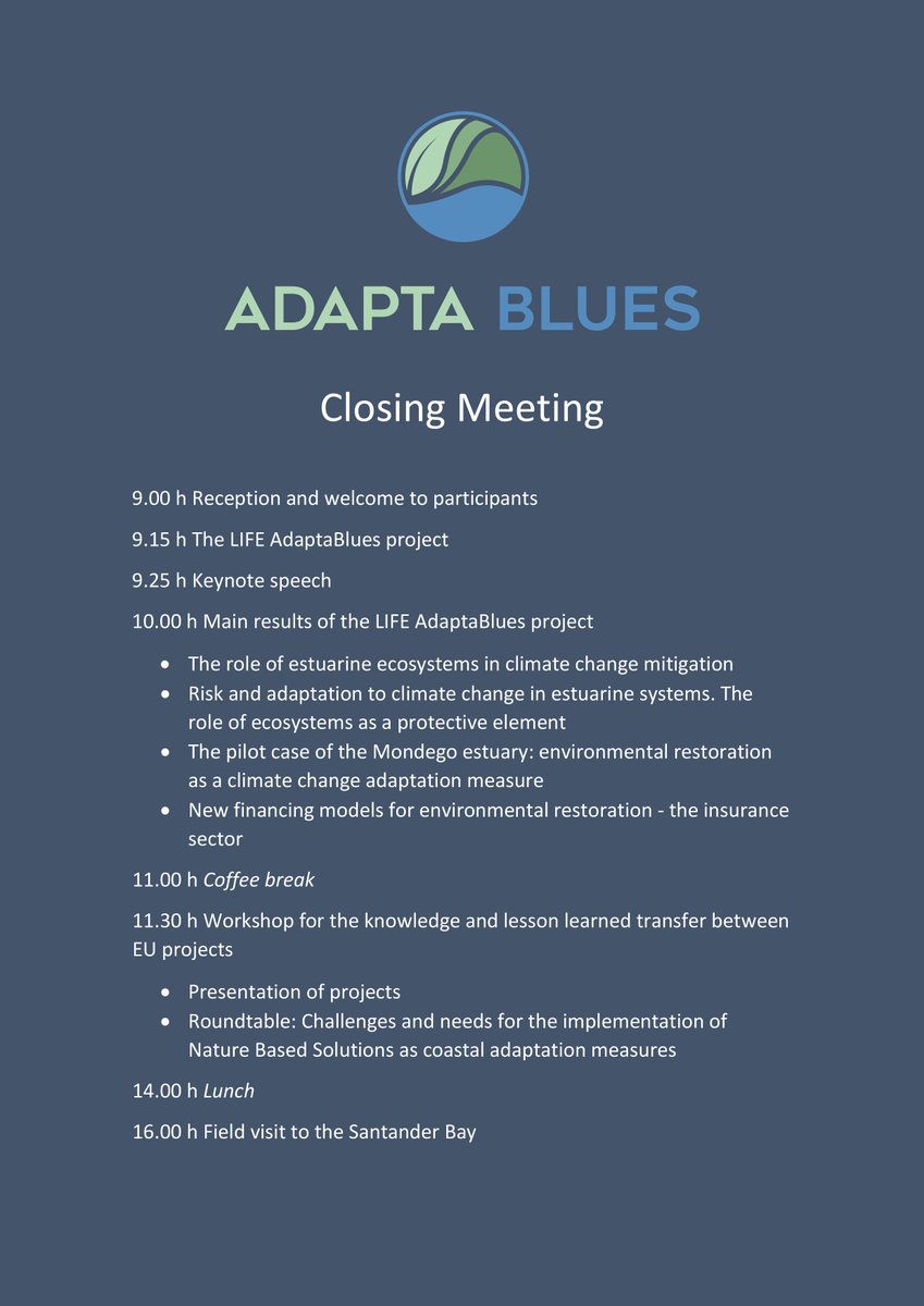 adaptablues's tweet photo. 🗓️Save the date!
This 24th July, @adaptablues will present the main results about the importance of estuaries as protection elements. https://t.co/SOKDQgo9nZ