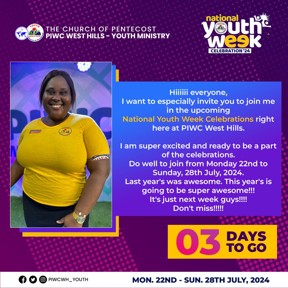 PIWCWH_Youth's tweet photo. Excitement is at an all - high for the upcoming National Youth Week Celebrations🥳🥳🥳🥳🥳🥳
Are you rreeeaadddzzzyyyy??!!!
3 DAYS MMMOOORREEEE!!!💃💃💃
#NYWC24
#UnleashedToReachOut
#UnleashedForMaximumImpact
#PossessingTheNations https://t.co/kB2B4lDK6T