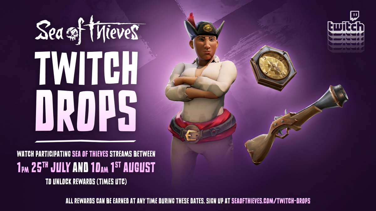 SeaOfThieves's tweet photo. Next week you'll be able to grab four fresh pieces of equipment via Twitch Drops! Tune in to any participating Sea of Thieves stream for one hour per item, from 1pm on July 25th to 10am on August 1st (times UTC).
🔗 Details: https://t.co/u0ta5Zu0th https://t.co/08ZcB7P8Lg