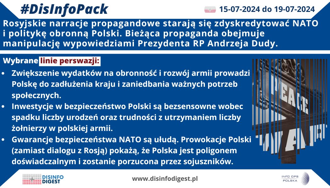 Disinfo_Digest's tweet photo. Rosyjskie narracje propagandowe starają się zdyskredytować NATO i politykę obronną Polski. Bieżąca propaganda obejmuje manipulację wypowiedziami Prezydenta RP Andrzeja Dudy.
W najnowszym #DisinfoPack przybliżamy stosowane przez Rosjan linie perswazji:
🔴 Zwiększenie wydatków na obronność i rozwój armii prowadzi Polskę do zadłużenia kraju i zaniedbania ważnych potrzeb społecznych.
🔴 Inwestycje w bezpieczeństwo Polski są bezsensowne wobec spadku liczby urodzeń oraz trudności z utrzymaniem liczby żołnierzy w polskiej armii.
🔴 Gwarancje bezpieczeństwa NATO są ułudą. Prowokacje Polski (zamiast dialogu z Rosją) pokażą, że Polska jest poligonem doświadczalnym i zostanie porzucona przez sojuszników.
-> https://t.co/kyejsq39k7
Wybrane elementy manipulacji i propagandy
Cytowanie bez kontekstu: Wykorzystanie wypowiedzi prezydenta Dudy bez pełnego kontekstu ma sugerować, że Polska i NATO dążą do konfliktu, podczas gdy w rzeczywistości wypowiedz odnosiła się do wzmacniana polskiej polityki obronnej w ramach NATO wobec rosyjskiej polityki agresji. "NATO przygotowuje się do konfliktu zbrojnego" / "Sojusz musi być na tyle silny, aby nikomu nie opłacało się go zaatakować".
Strach i niepewność: Propaganda celowo podkreśla zagrożenia demograficzne, kadrowe i finansowe, aby wzbudzić u czytelników poczucie niepewności i strachu.
Fałszywe dychotomie: Przedstawienie wydatków na obronność jako przeciwieństwa wydatków na programy socjalne tworzy fałszywy wybór, sugerując, że jedno jest możliwe tylko kosztem drugiego.
Sugestie zdrady i porzucenia przez NATO: Twierdzenie, że NATO i USA w razie konfliktu porzucą Polskę, ma na celu wzbudzenie nieufności wobec sojuszników.
Demonizacja polityków: Kreowanie polskich polityków jako tych, którzy celowo dążą do wojny, jest emocjonalną manipulacją mającą na celu zdyskredytowanie ich działań i "uwiarygodnienie" dezinformacji o "zagrożonej Rosji".
Apel o pokój przez poddanie się: Sugerowanie, że nawiązanie stosunków z Rosją i unikanie „prowokacji” jest jedyną drogą do pokoju, całkowicie pomija kontekst agresywnych działań Rosji w regionie.