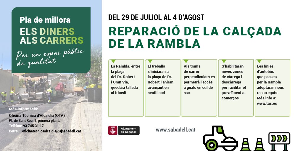 Aj_Sabadell's tweet photo. ℹ️Les actuacions començaran amb la renovació total del paviment de la calçada de la Rambla
🚧 Les obres s’iniciaran el 29 de juliol, durant una setmana
#PladeMillora #Elsdinersalscarrers #Asfaltatge
✅Posem #Sabadellaldia https://t.co/8NDtRWYd7k