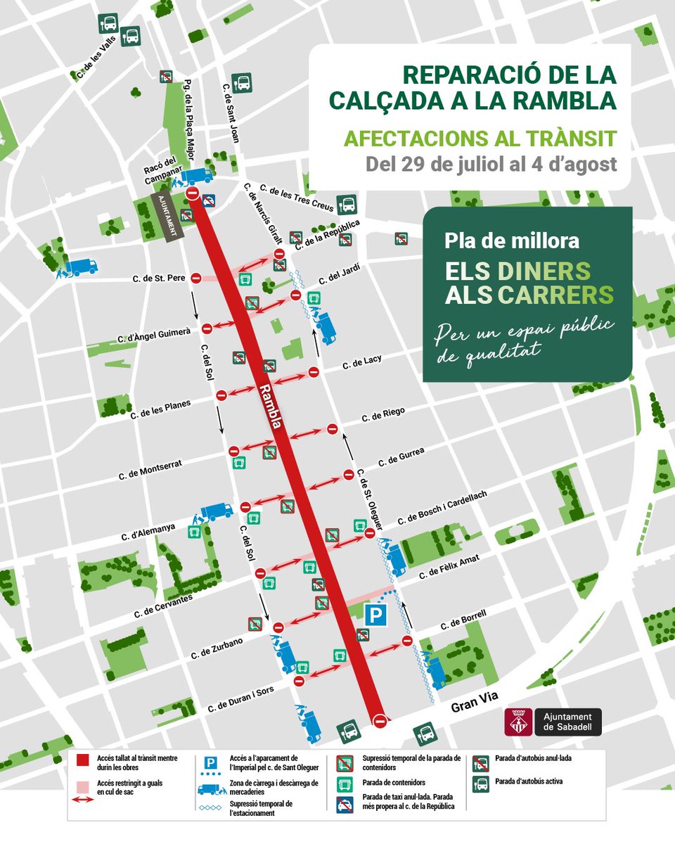 Aj_Sabadell's tweet photo. ℹ️Les actuacions començaran amb la renovació total del paviment de la calçada de la Rambla
🚧 Les obres s’iniciaran el 29 de juliol, durant una setmana
#PladeMillora #Elsdinersalscarrers #Asfaltatge
✅Posem #Sabadellaldia https://t.co/8NDtRWYd7k