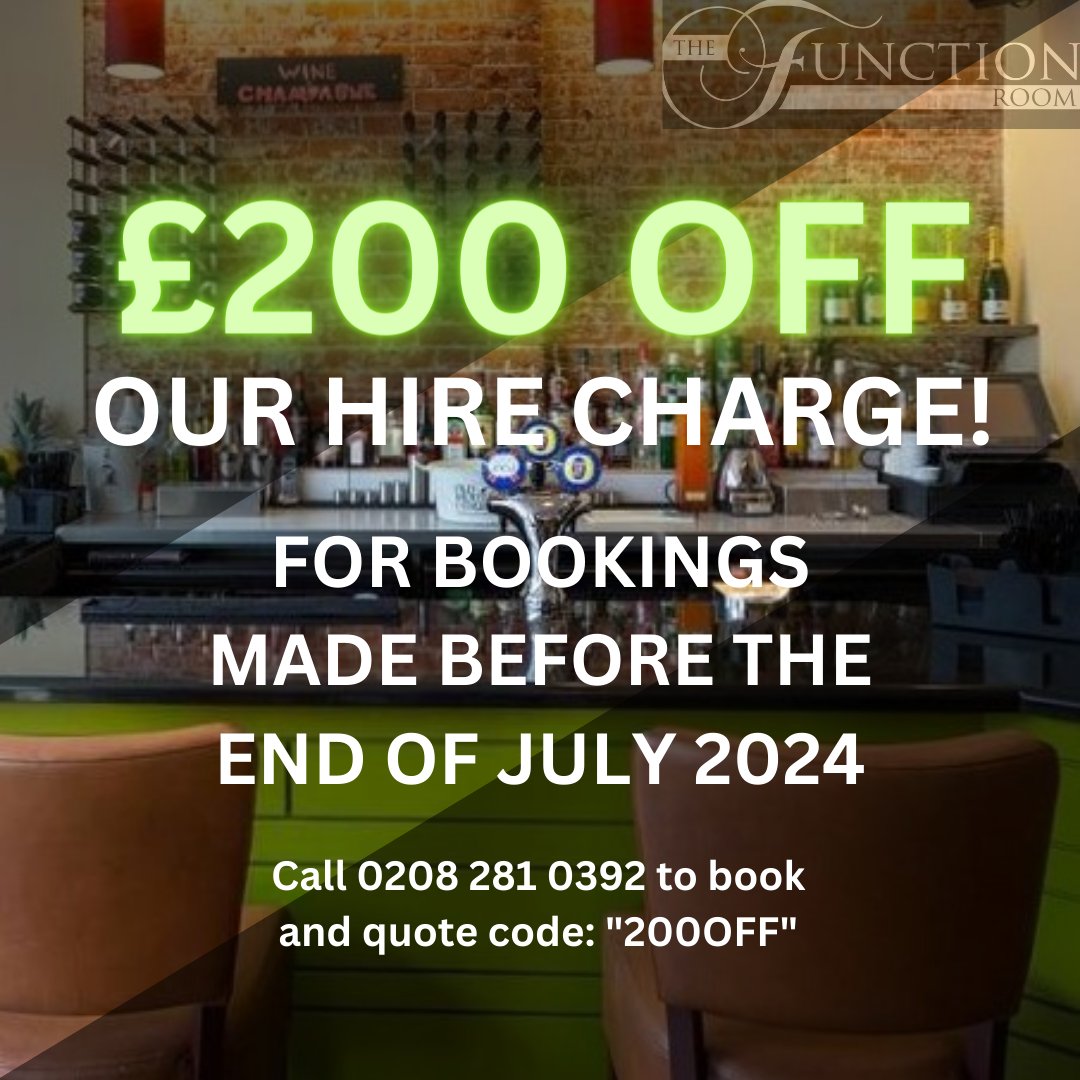 functionroome4's tweet photo. 🎉Special Offer: £200 off our hire charge for bookings taken before the end of July.

Our stylish bar has late hours, no minimum bar spend, and is perfect for any special occasion! 
 
Call 0208 281 0392 to book!

#EventVenue #Chingford #HighamsPark #Woodford #PartyVenue https://t.co/alTEiJdTjm