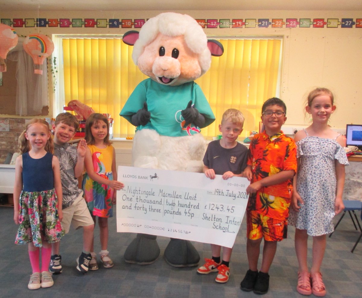 sheltoninfants's tweet photo. Children enjoyed meeting a special visitor today - Lambie from the Macmillan Unit at Derby Hospital came along to collect a cheque for the MARVELLOUS £1243.45 which you helped us raise in memory of Mrs Hurt at our Cake Sale at the end of Welsh Day. Well done everyone! https://t.co/KKEWJzxavc
