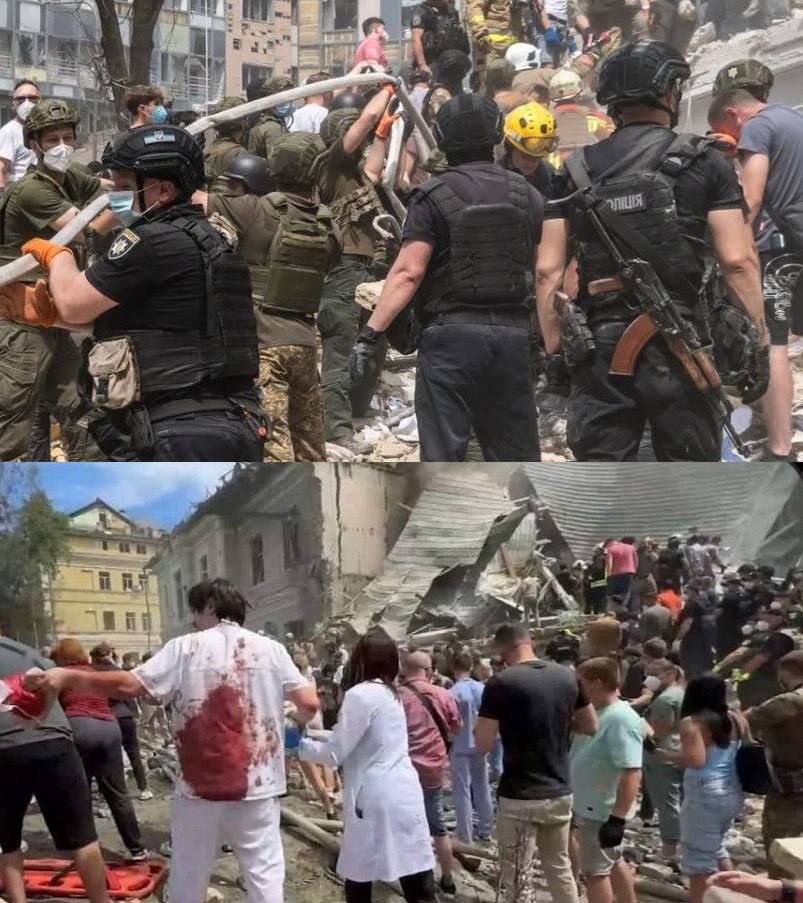 wartranslated's tweet photo. Russian nazis are spreading video in which a Ukrainian police officer allegedly stains with blood the uniform of a doctor at the Okhmadit center in Kyiv which was hit by the nazi cruise missile.

Not to mention that such a video could be filmed anywhere, and blood stains are inconsistent, it is not clear what this nazi is hinting at - that there was no strike at all, or that its consequences are greatly exaggerated?