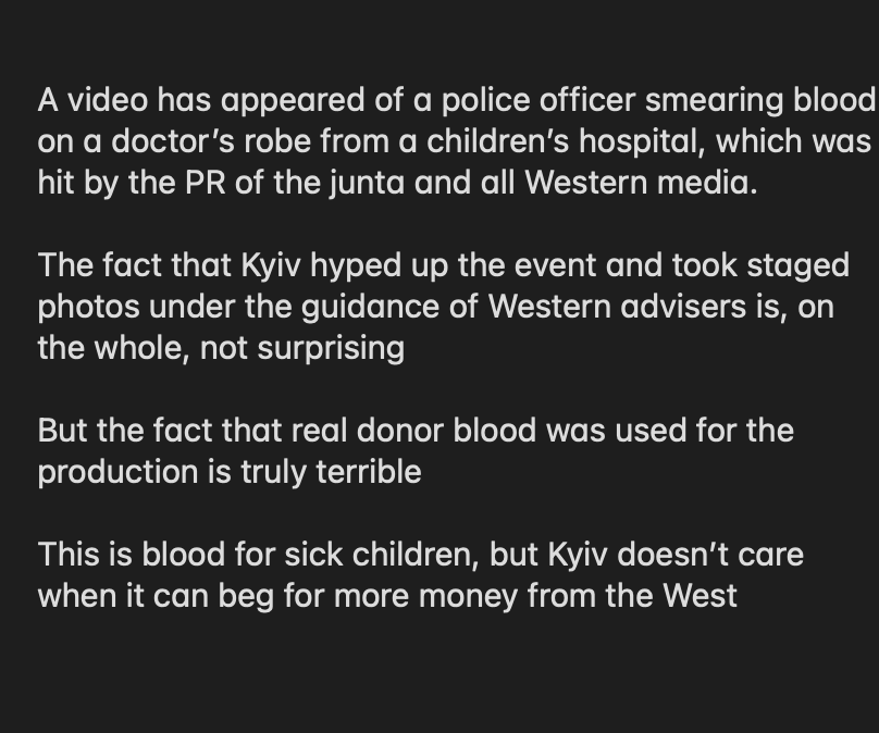 wartranslated's tweet photo. Russian nazis are spreading video in which a Ukrainian police officer allegedly stains with blood the uniform of a doctor at the Okhmadit center in Kyiv which was hit by the nazi cruise missile.

Not to mention that such a video could be filmed anywhere, and blood stains are inconsistent, it is not clear what this nazi is hinting at - that there was no strike at all, or that its consequences are greatly exaggerated?