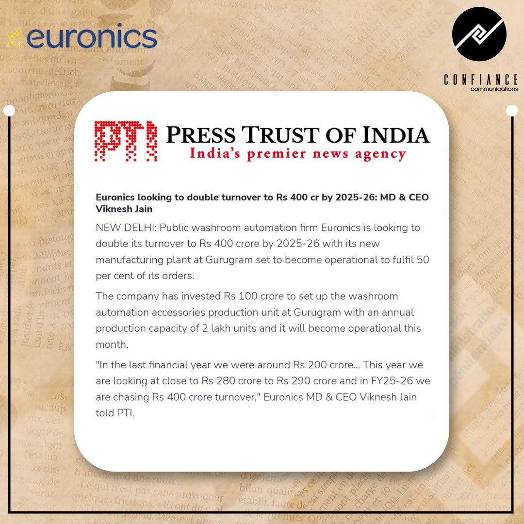 ConfianceComm's tweet photo. Euronics, a trailblazer in public washroom automation, is on track to double its turnover to Rs 400 crore by 2025-26. @euronics_UK https://t.co/zUF1GnSAfI
