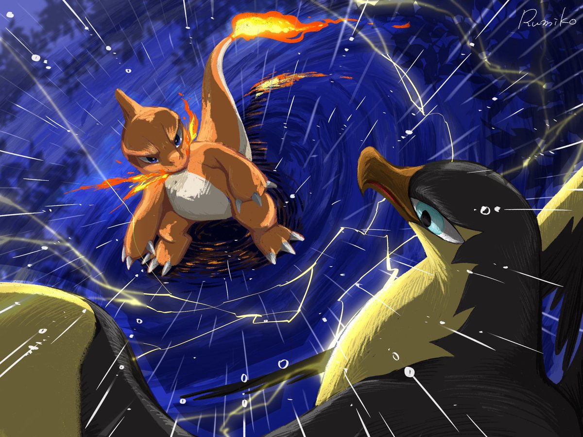 VertLapin96's tweet image. リザードVSタイカイデン

1時間越えちゃったからワンドロタグ無しで
#ポケモンイラスト