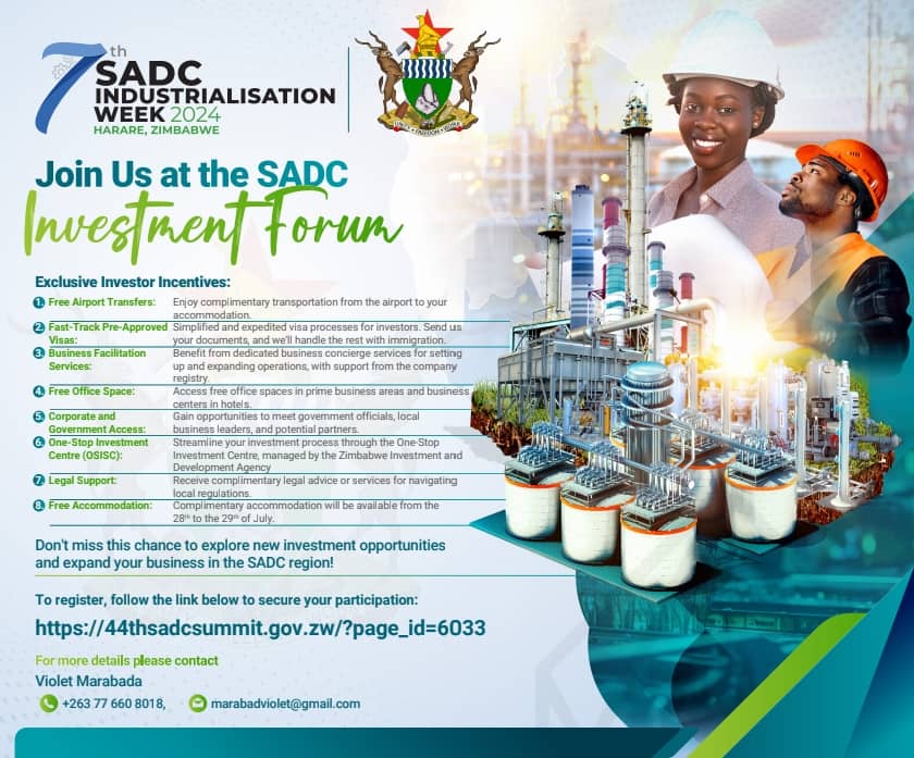 SADCBanking's tweet photo. Register to join the SADC Investment Forum at the 7th SADC Industrialisation week 2024 in Harare, Zimbabwe.  
#investmentopportunities #sadcsummit https://t.co/bLN8VQMz2l