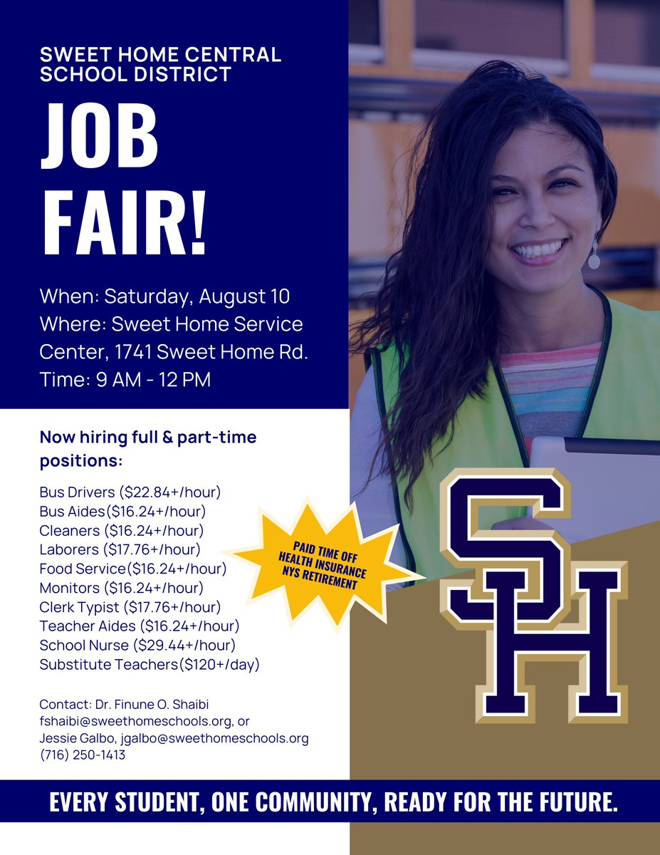 Mark your calendars and please share! Sweet Home's annual Job Fair will be Saturday, August 10 at our Service Center at 1741 Sweet Home Rd. Join us to learn more about current opportunities and apply in person. #WeAreSweetHome
